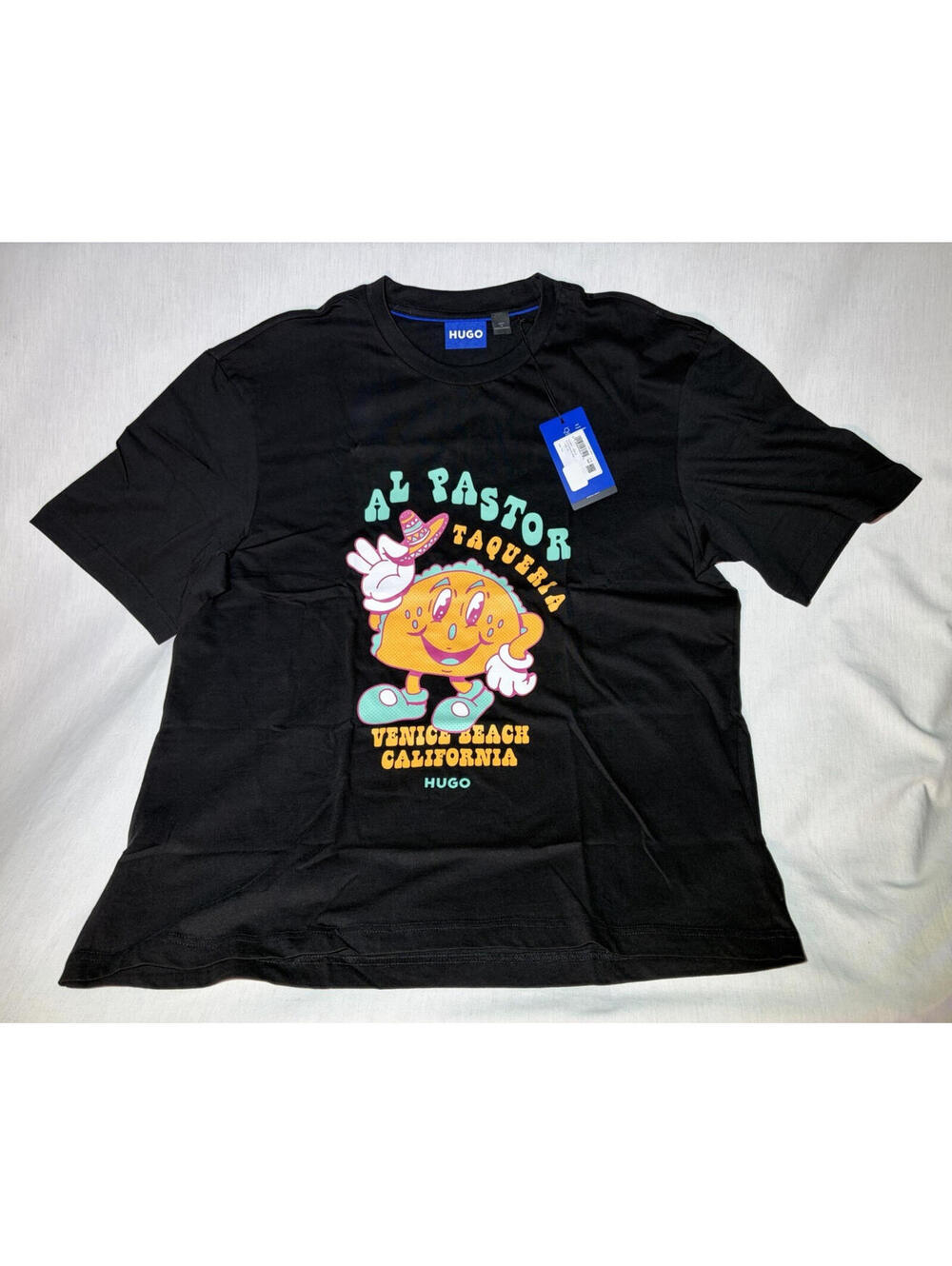 HUGO Men's L Black Crew Neck Short Sleeve Graphic Logo Tee Al Pastor Taqueria